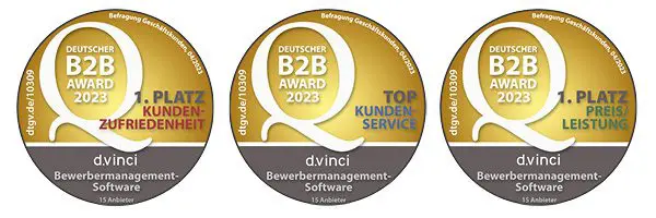 Eine Grafik zeigt drei runde, goldene Preisauszeichnungen des B2B-Awards in den Kategorien Kundenzufriedenheit, Kundenservice und Preis/Leistung, in denen d.vinci jeweils die beste Bewertung erhalten hat. 