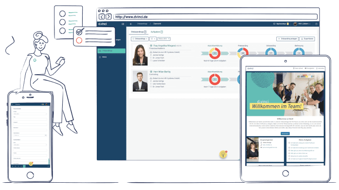 Eine Illustration zeigt das d.vinci Onboarding in einem Desktop-Browser, auf dem Smartphone und auf dem Tablet. Auf dem Smartphone sitzt eine Frau. 