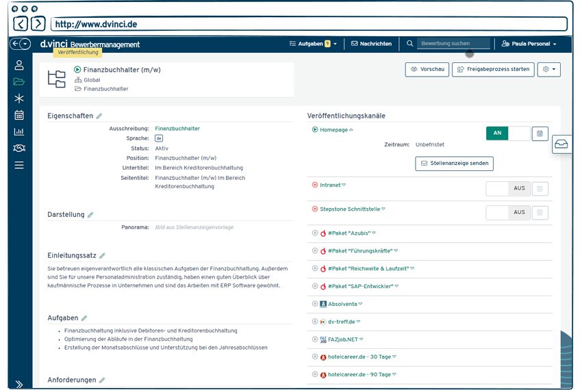 Screenshot der d.vinci Bewerbermanagement Software Funktion Multiposting