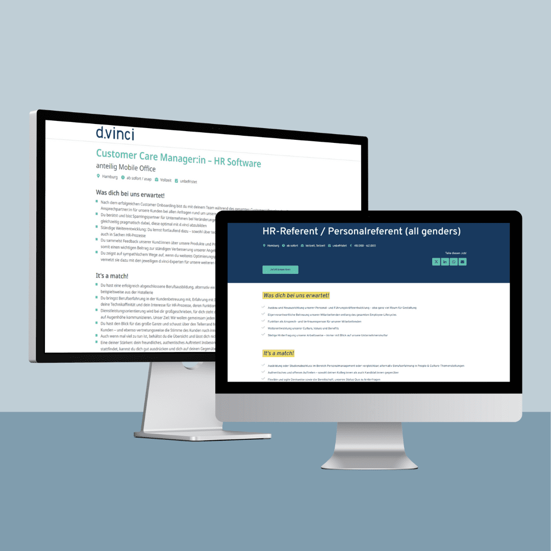 Eine Grafik zeigt zwei Desktop-Bildschirme vor einem grauen Hintergrund. Auf beiden Bildschirmen sind d.vinci-Stellenanzeigen zu sehen.