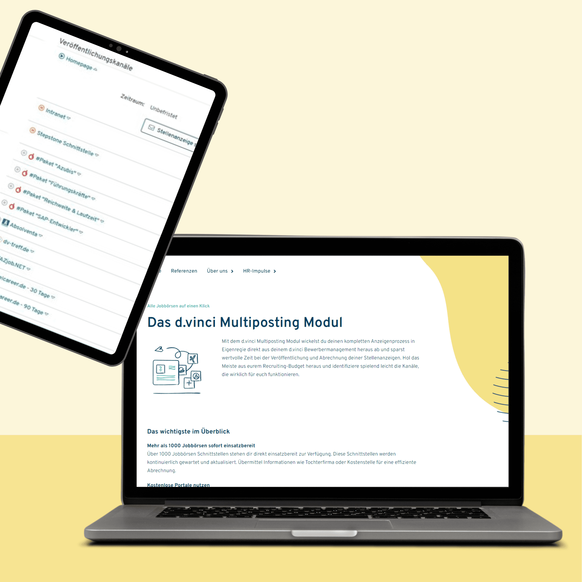 Eine Grafik zeigt einen Laptop und ein Tablet vor einem gelben Hintergrund. Auf beiden Geräten sind Infos über das d.vinci-Multiposting abgebildet.
