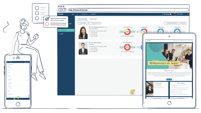 Eine Illustration zeigt das d.vinci Onboarding in einem Desktop-Browser, auf dem Smartphone und auf dem Tablet. Auf dem Smartphone sitzt eine Frau. 